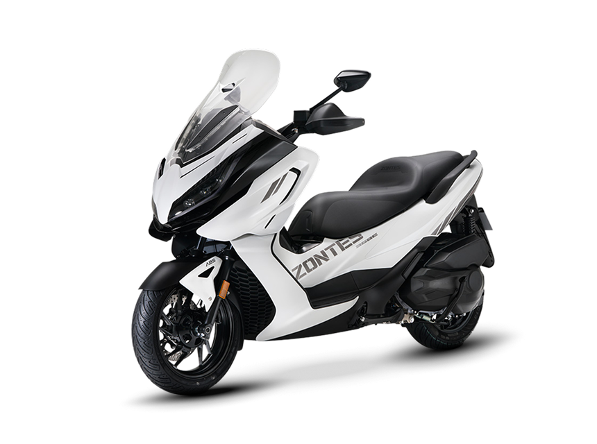 Zontes motos en San Isidro - scooter Zontes 368E blanco con rueda delantera negra, parabrisas alto y asiento doble