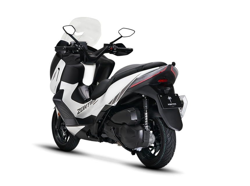 Zontes motos en San Isidro - parte trasera del scooter Zontes 368E blanco con suspensión visible y portapatente