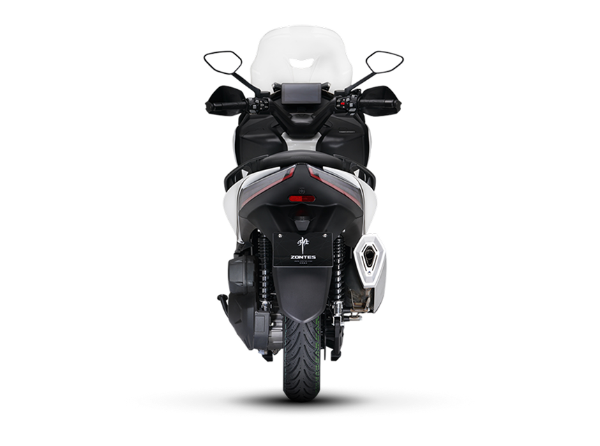Zontes motos en San Isidro - scooter Zontes 368E blanco visto desde atrás con parabrisas alto y rueda trasera centrada