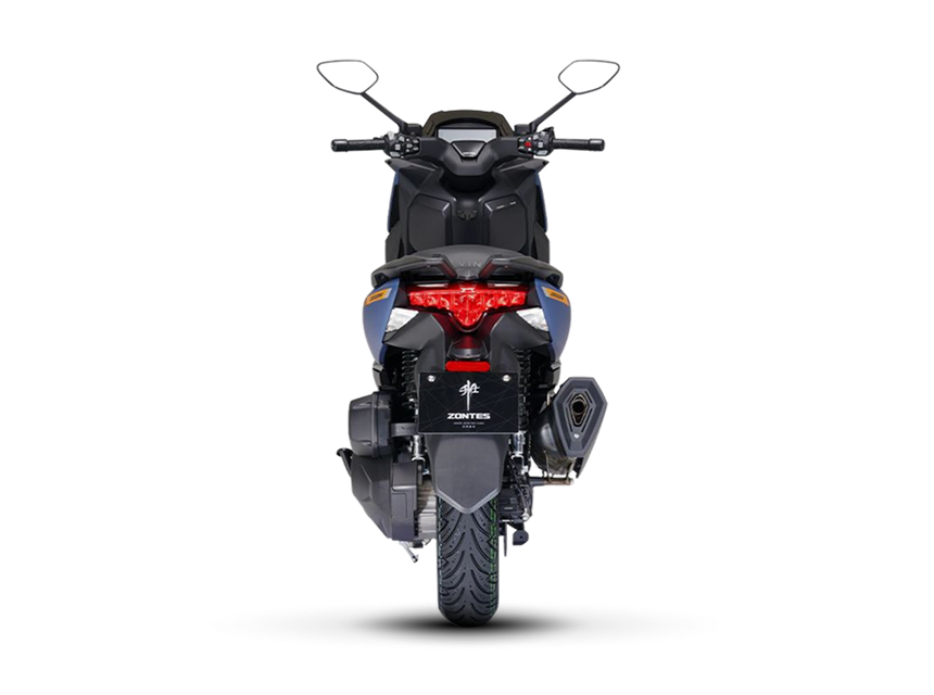 Zontes motos en San Isidro - scooter Zontes 368M azul visto desde atrás con luz roja y rueda trasera centrada