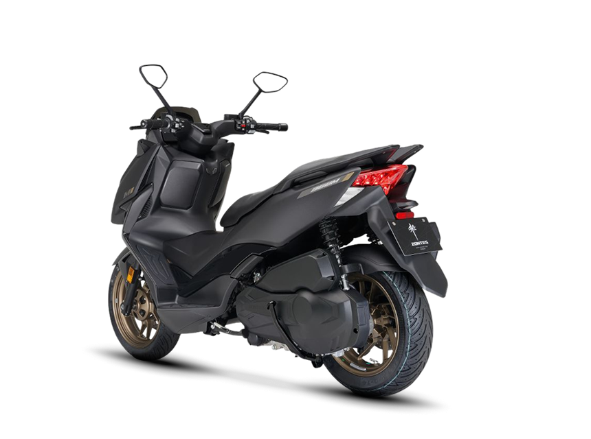 Zontes motos en San Isidro - parte trasera del scooter Zontes 368M negro con óptica roja y rueda dorada visible