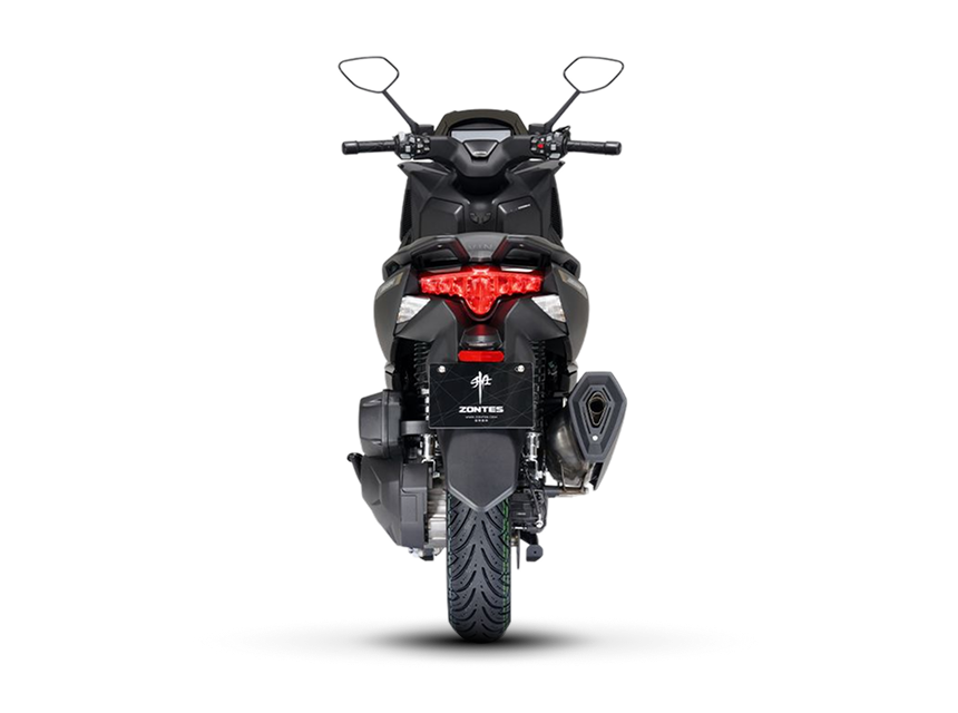 Zontes motos en San Isidro - scooter Zontes 368M negro visto desde atrás con luz roja y rueda trasera centrada