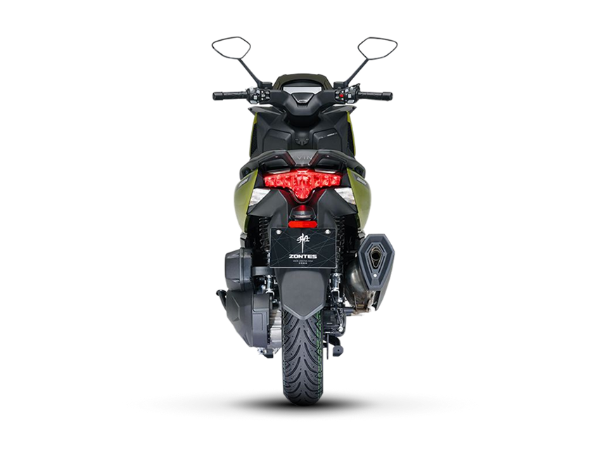 Zontes motos en San Isidro - scooter Zontes 368M verde visto desde atrás con luz roja y rueda trasera centrada