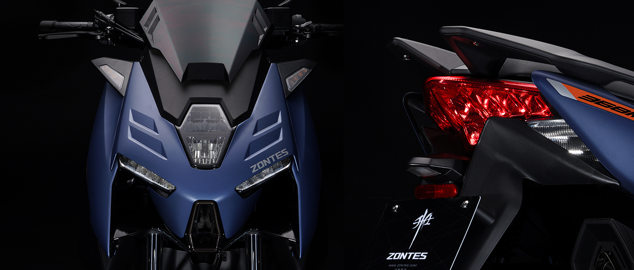 Zontes motos en San Isidro - scooter Zontes 368M azul con frente y óptica trasera iluminados sobre fondo oscuro